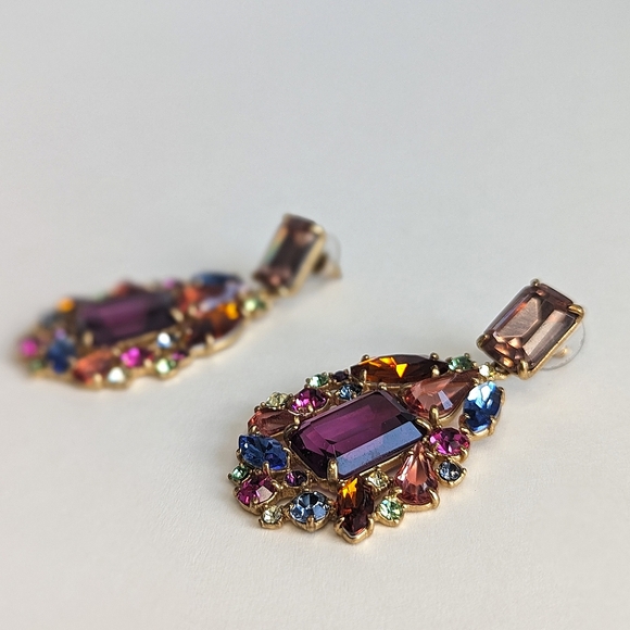 J. Crew Multi Jewel Cluster Drop Stone Dangle Earrings Amber Blue Green Magenta - Picture 4 of 9